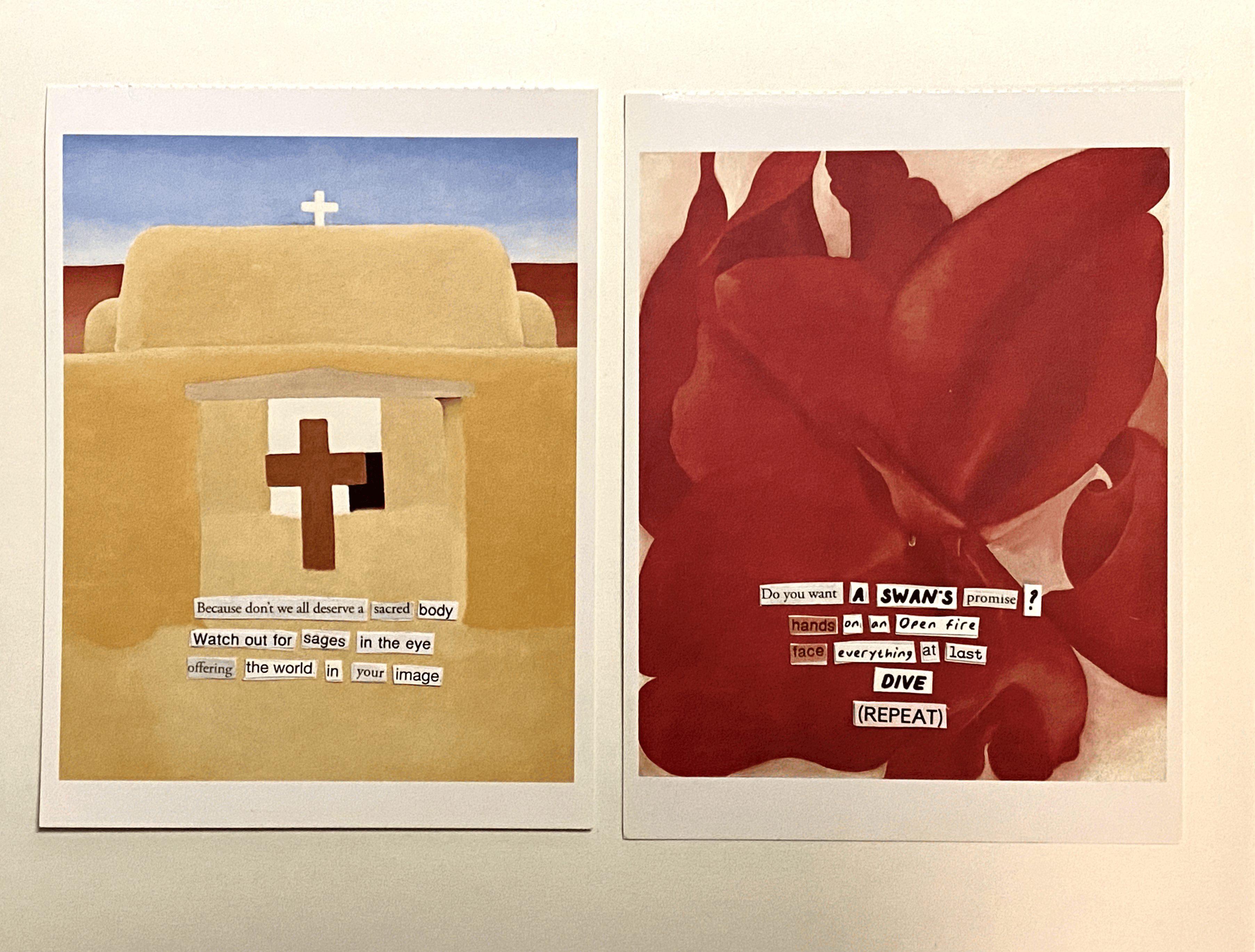One such collage: words on 5 x 7(in) postcards