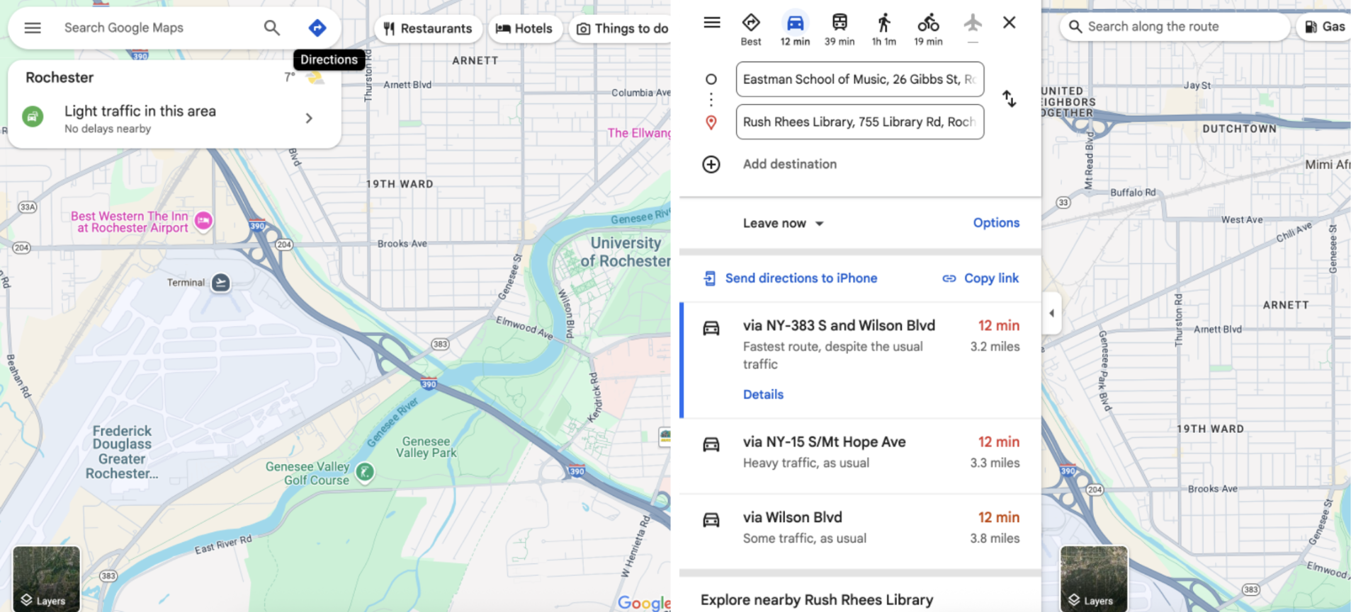 Google Maps search bar and navigation routes
