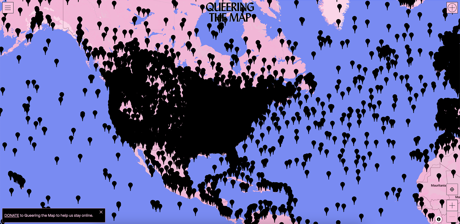 Pins covering North America on Queering the Map