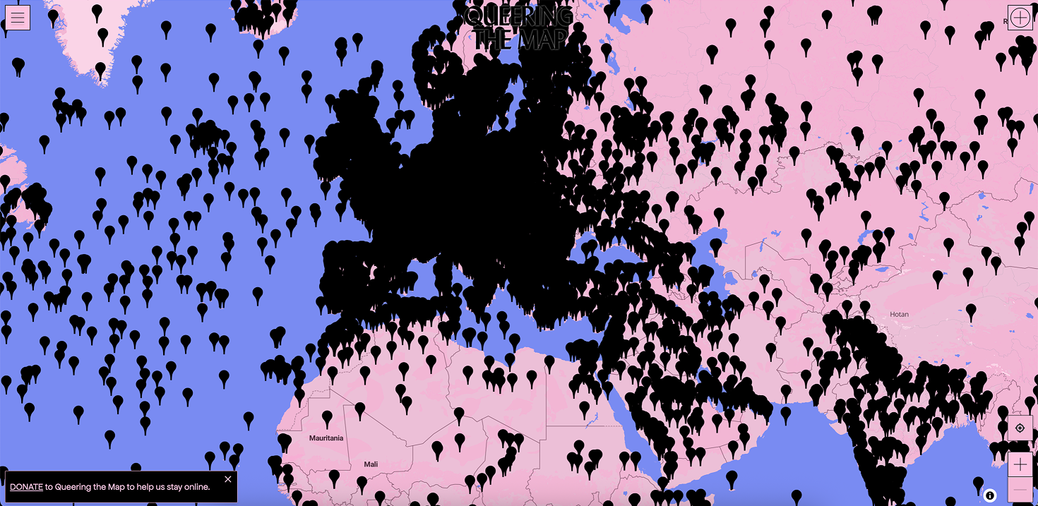 Pins covering Europe on Queering the Map