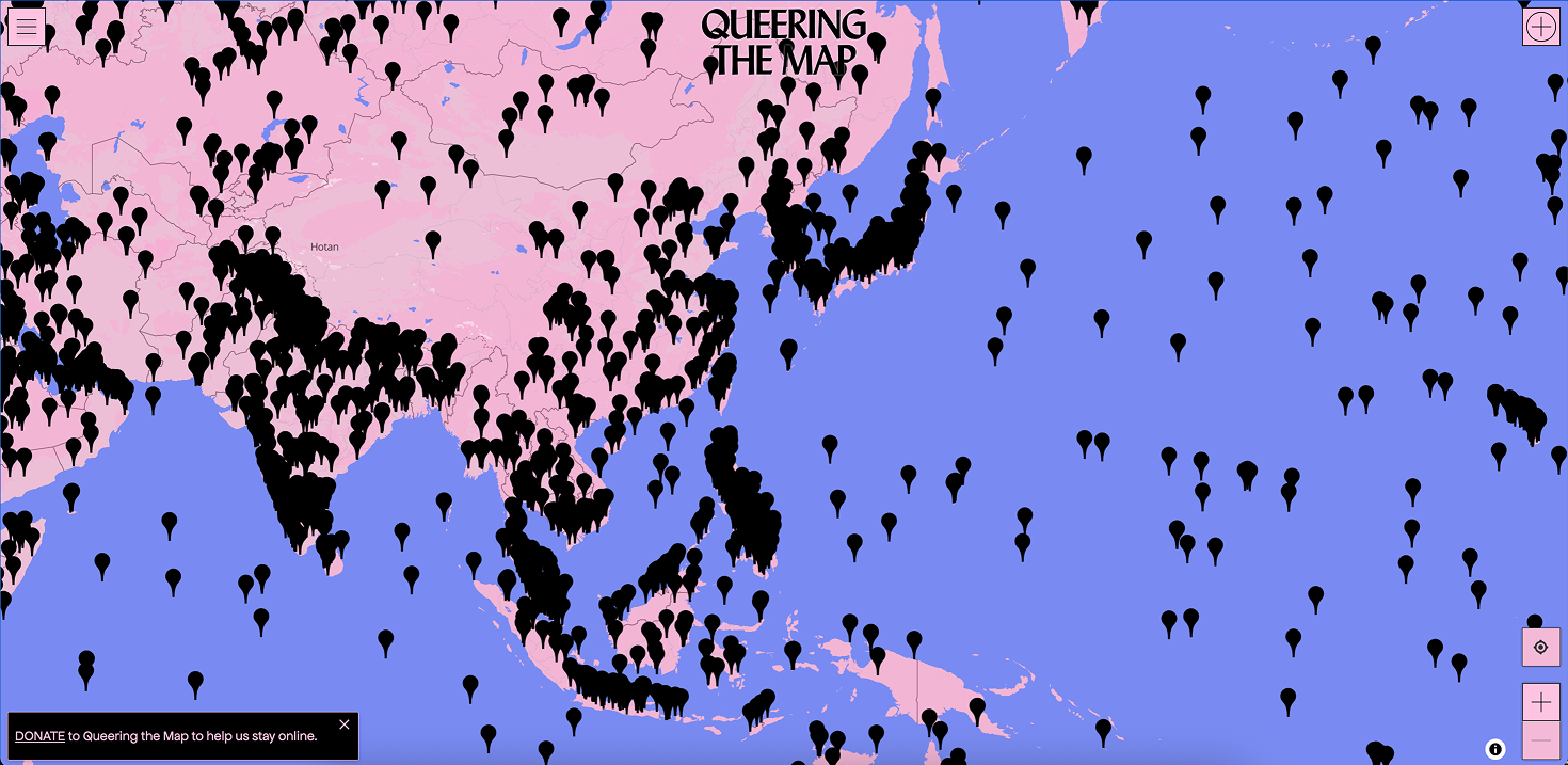 Pins covering Asia on Queering the Map