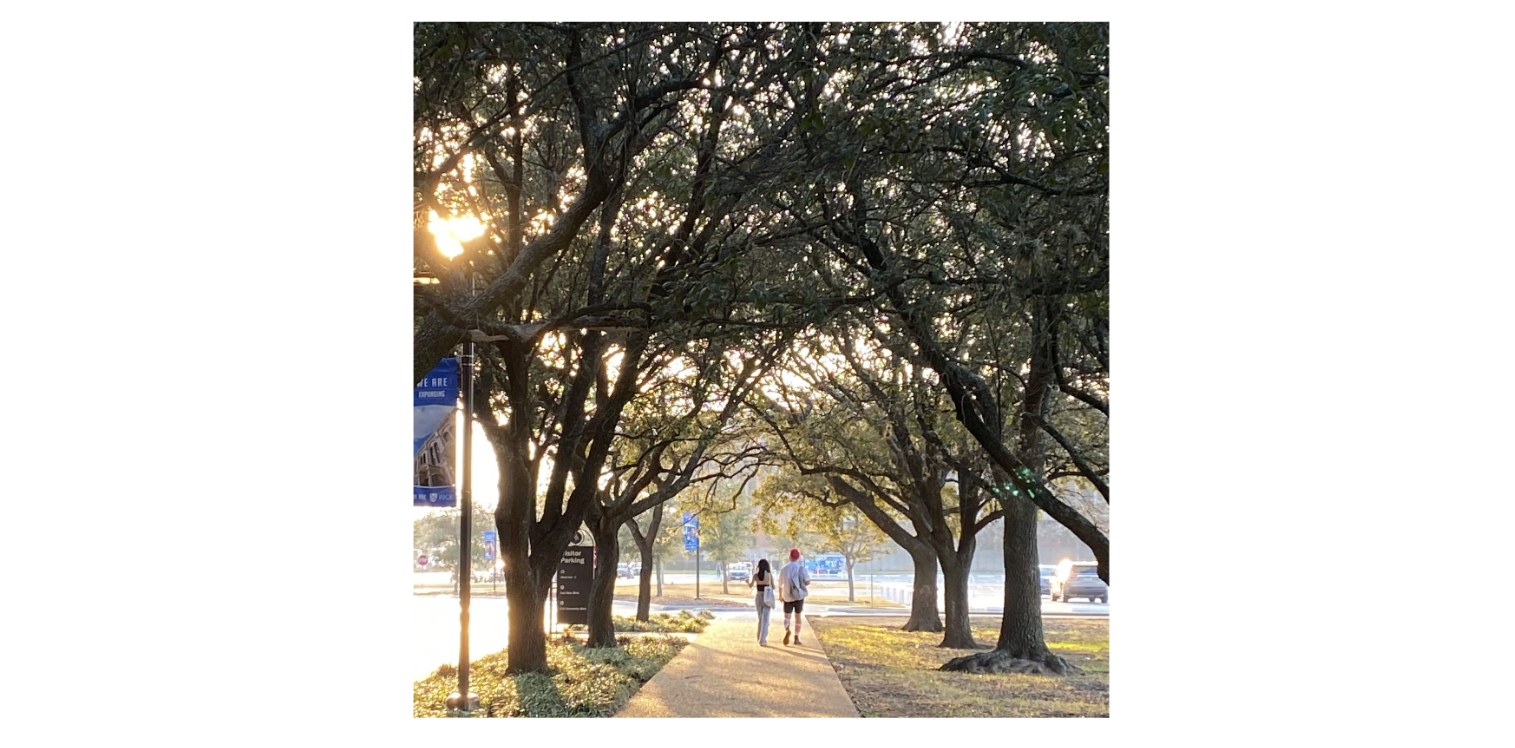 Two people walking at Rice University