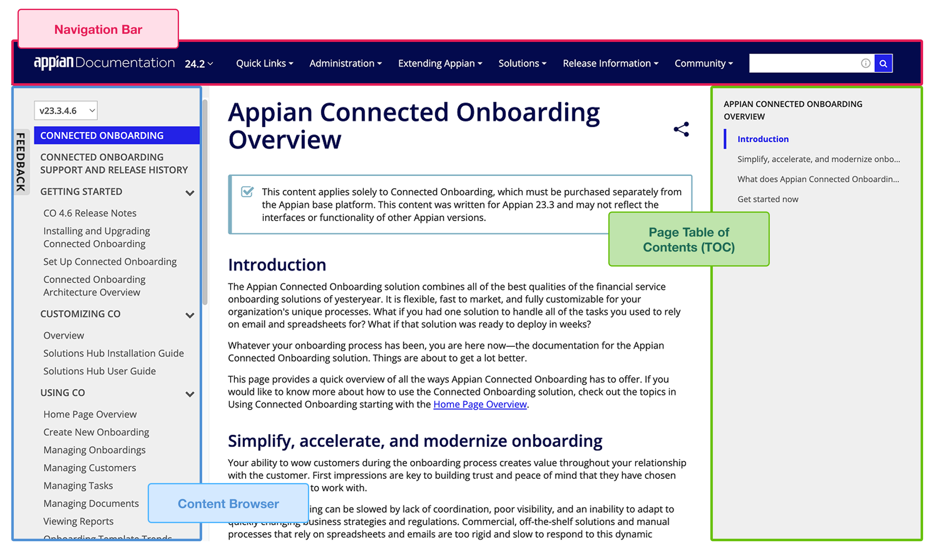 Diagram of the three primary navigation components: Navigation Bar, Content Browser, and Page TOC